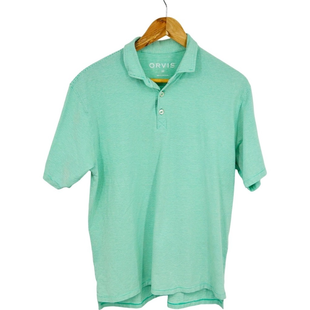 Orvis Mens Polo Shirt Striped Pima Cotton Lycra Green White Size M
